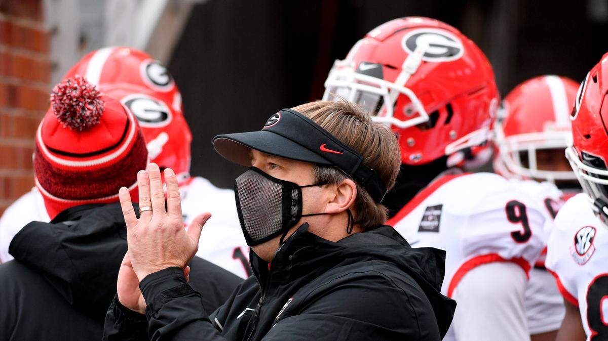 Georgia head coach Kirby Smart is seen before the start of an NCAA college football game against Missouri Saturday, Dec. 12, 2020, in Columbia, Mo. (AP Photo/L.G. Patterson)