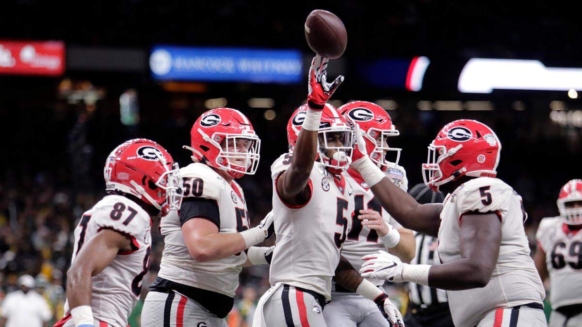 Georgia wide receiver Matt Landers (5) celebrates his touchdown reception in the first half of the Sugar Bowl NCAA college football game against Baylor in New Orleans, Wednesday, Jan. 1, 2020.