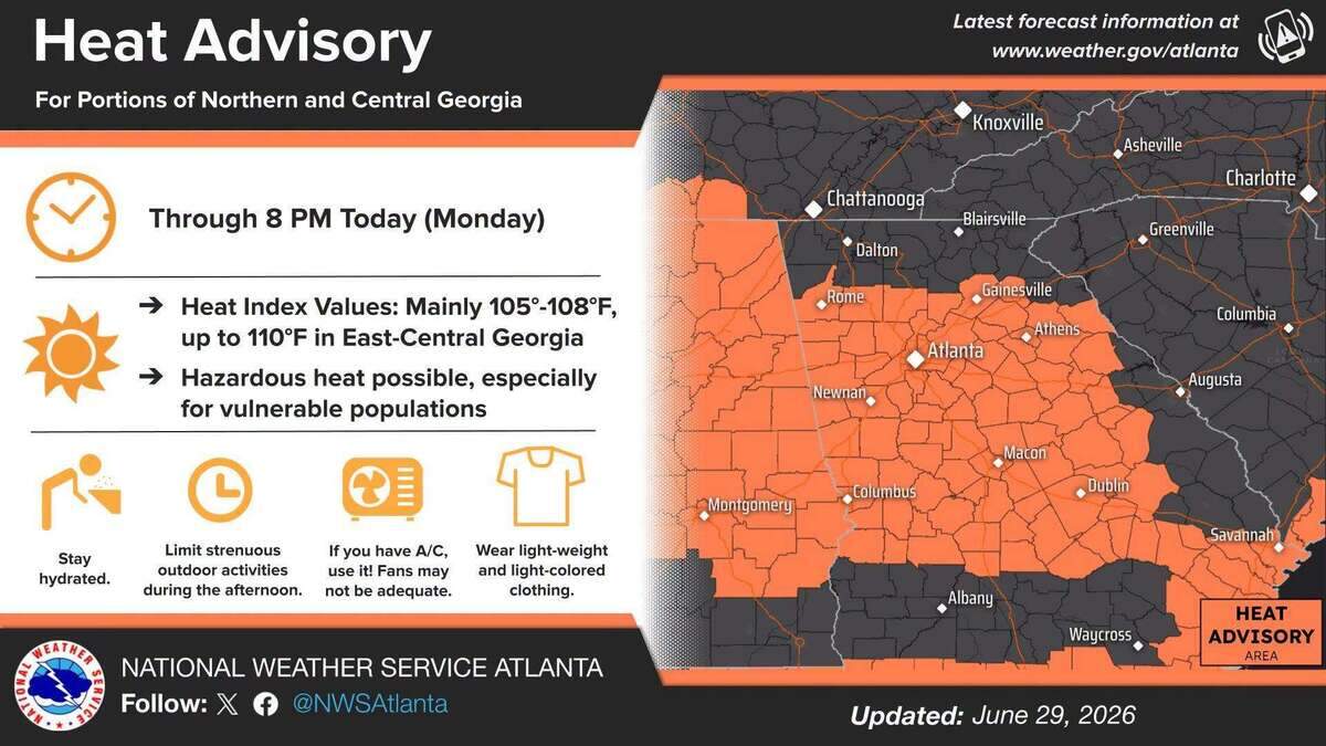 Heat advisory for Middle Georgia in effect until 8 p.m. Tuesday. A similar advisory is expected from the the NWS on Wednesday.