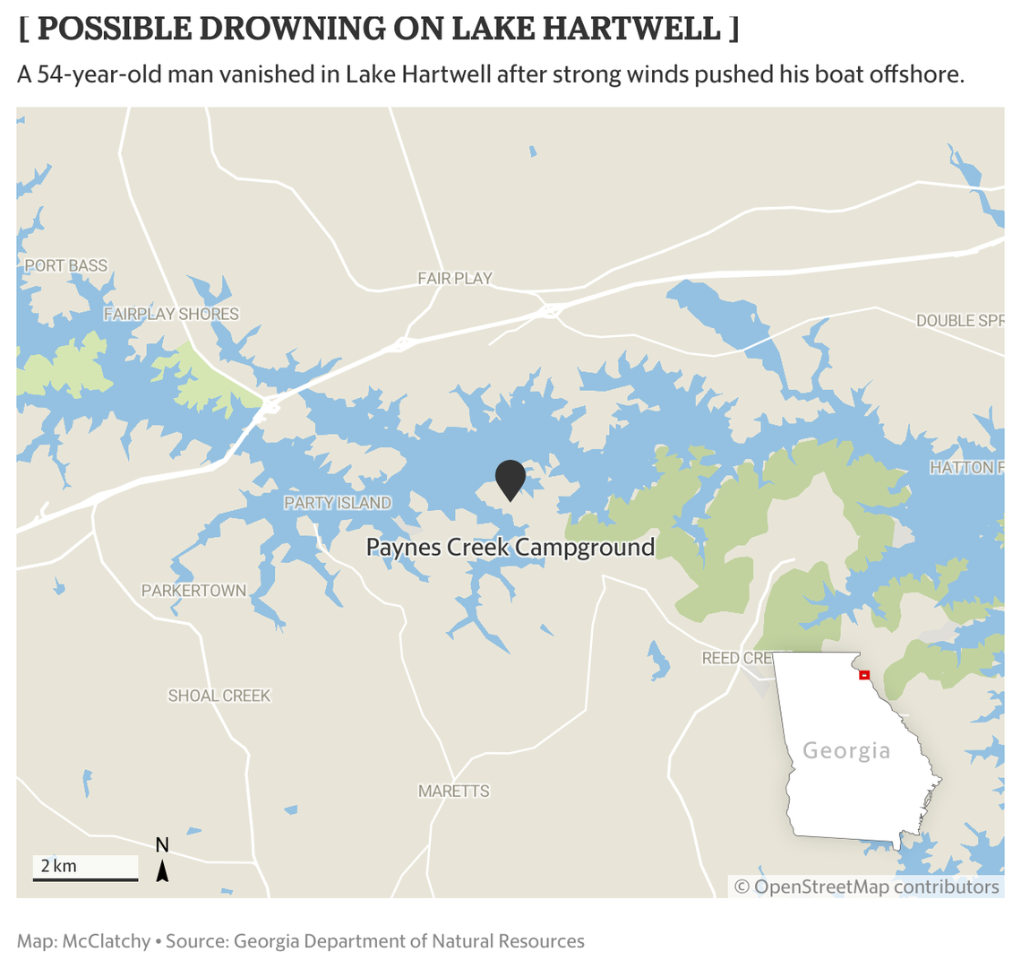 The search continues for a 54-year-old man game wardens say went missing while trying to retrieve his boat on Lake Hartwell in Georgia.