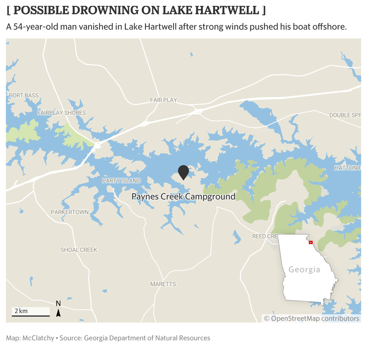 The search continues for a 54-year-old man game wardens say went missing while trying to retrieve his boat on Lake Hartwell in Georgia.