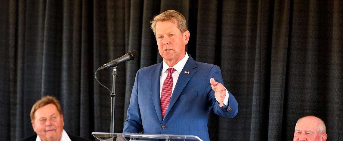 Gov. Brian Kemp announces that snack giant Jack Link’s will create 800 jobs with its new manufacturing plant to be built in Perry. Kemp is flanked by the company’s founder and namesake Jack Link, left, and Sonny Perdue, chancellor for the University System of Georgia. The announcement was made in conjunction with company, state and local officials.