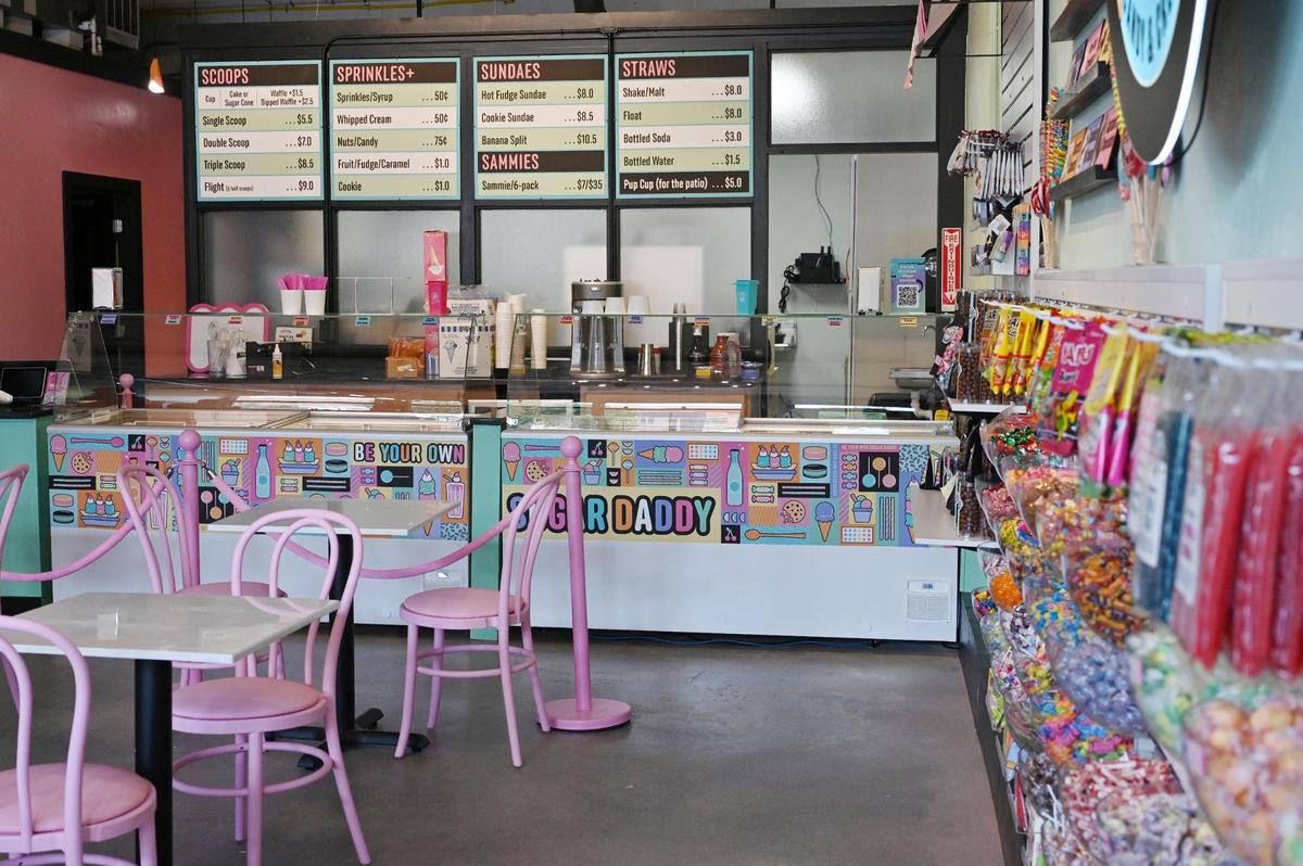 Shuster’s Candy and Creamery sits off of Poplar Street on Friday, July 18, 2025, in Macon, Georgia. The new ice cream and sweets shop will offer nostalgic and newer candy, as well as rotating ice cream flavors.