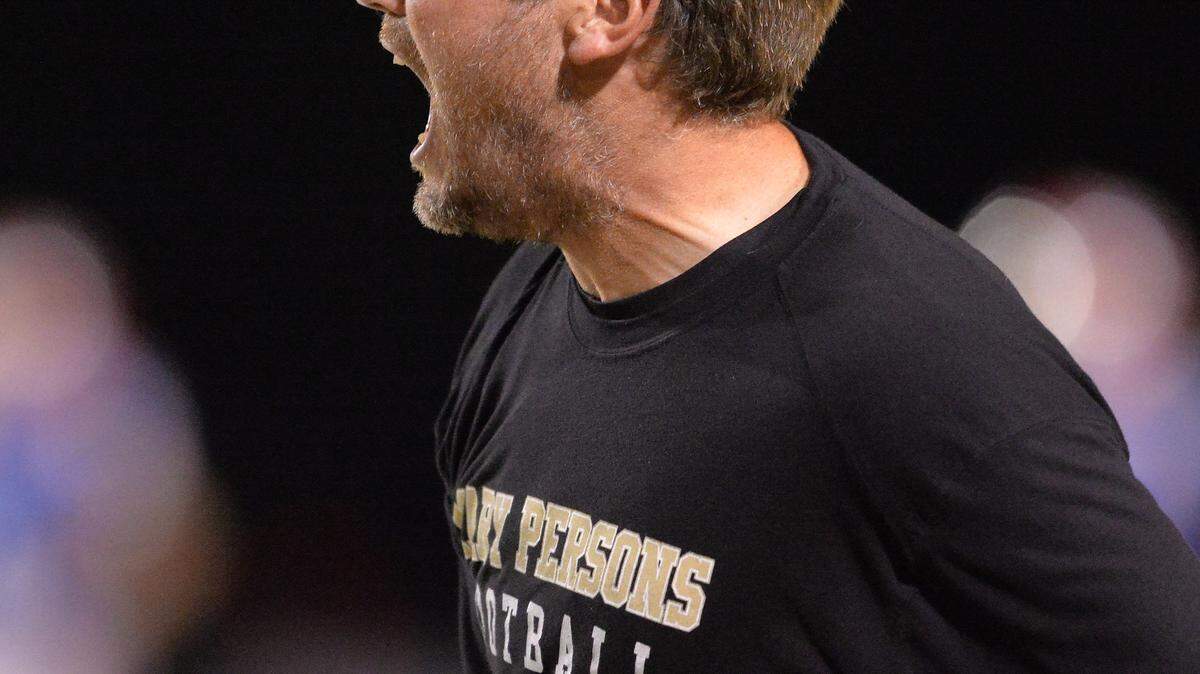 DONN RODENROTH/For The TELEGRAPH,Perry, Georgia, 10/23/2015: Mary Persons Head Coach Brian Nelson reacts to an MP touchdown late in the first half in their match-up with Veterans High School.
