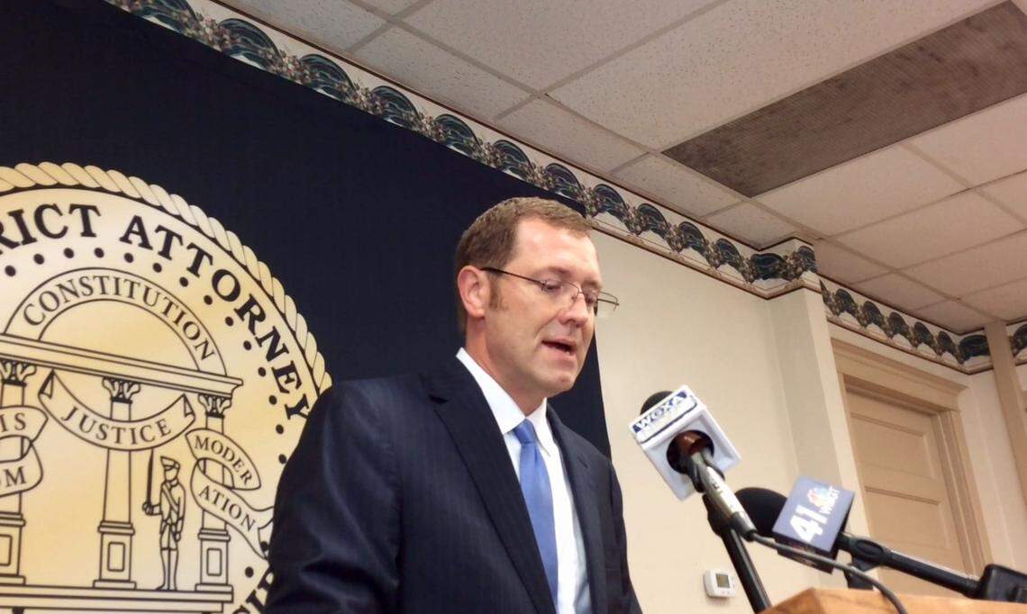 Macon Judicial Circuit District Attorney David Cooke on Thursday explains to reporters his reasoning for accepting a guilty plea earlier in the day from accused Peach County cop killer Ralph Elrod.