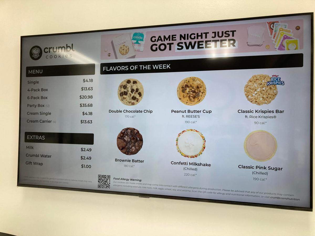 The menu board that lists the cookies that rotate each week at the new Crumbl Cookies opening soon at 2907 Watson Blvd., Suite C1, in Warner Robins.