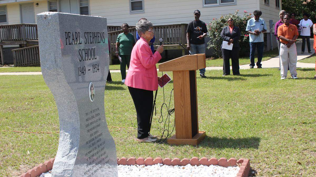 Ada Lee is pictured speaking at a dedication of a monument to Pearl Stephens on the site of the original Pearl Stephens School in Warner Robins in May 2014.
