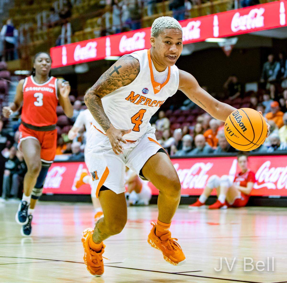 Mercer graduate student guard Endia Banks drives to the net against Samford Friday morning during the SOCON Ingles Championships at the Harrah’s Cherokee Center in Asheville, N.C.