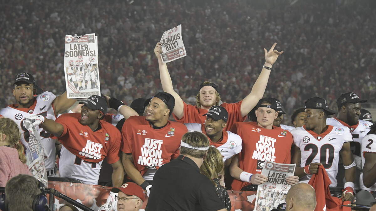 Georgia players celebrate after defeating Oklahoma in the Rose Bowl.