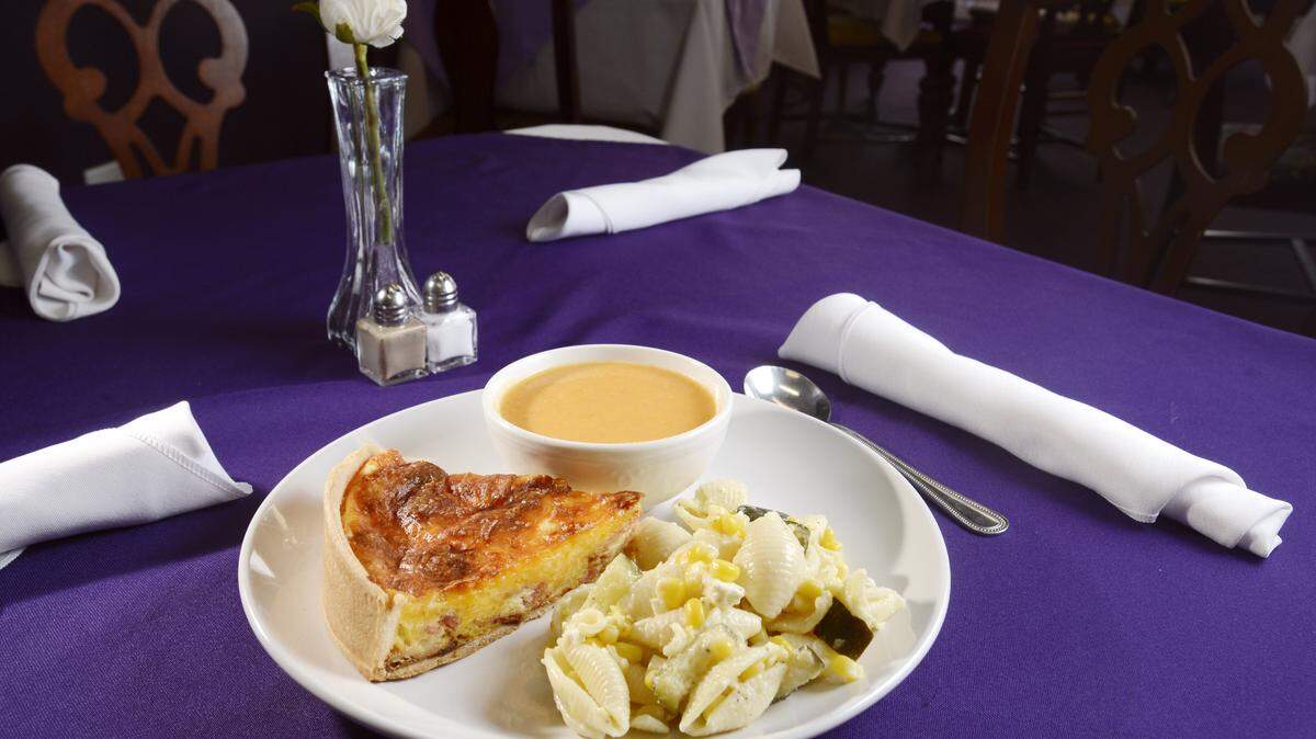 JASON VORHEES/THE TELEGRAPHThe British Pantry quiche with bacon, sharp cheddar and broccoli is served with zucchini and corn pasta salad and chilled carrot and cauliflower soup at the British Pantry and Tea Room in Centerville.