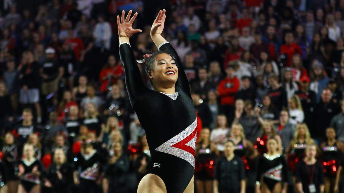 Georgia’s Mikayla Magee during a gymnastics meet between the University of Georgia and University of Arkansas in Stegeman Coliseum in Athens, Ga., on Friday, Feb. 1, 2019.