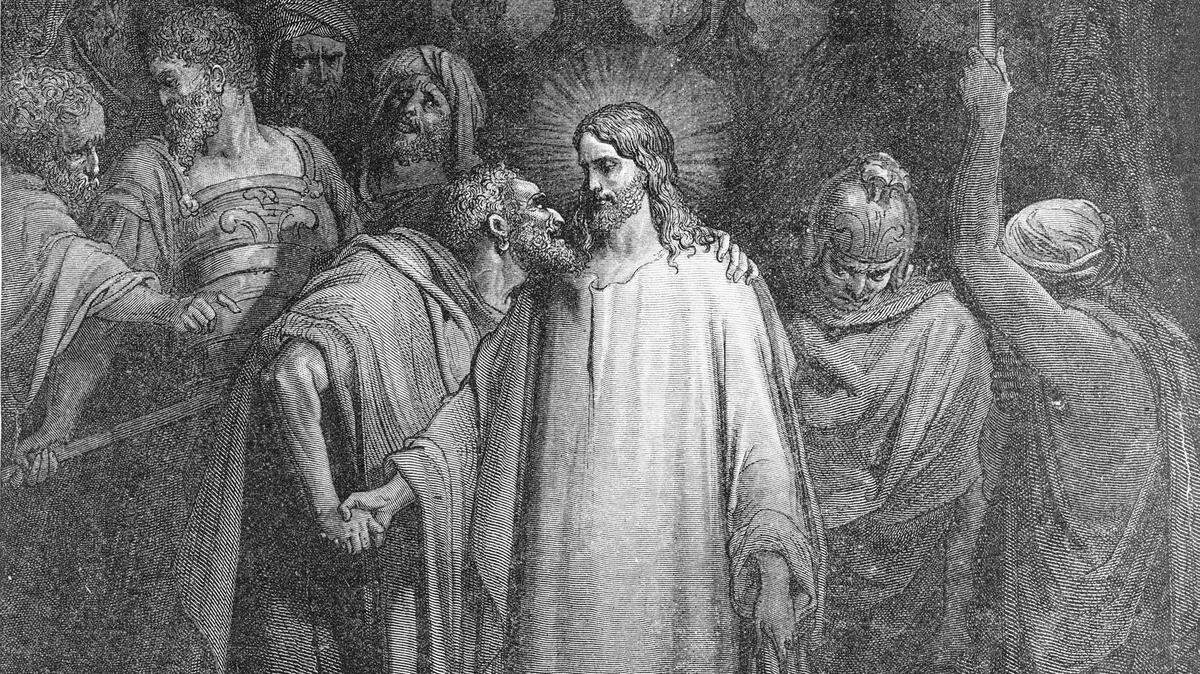Judas Iscariot betrays Jesus with a kiss in the garden of Gethsemane in this detail from an illustration by French artist Gustave Dore.
