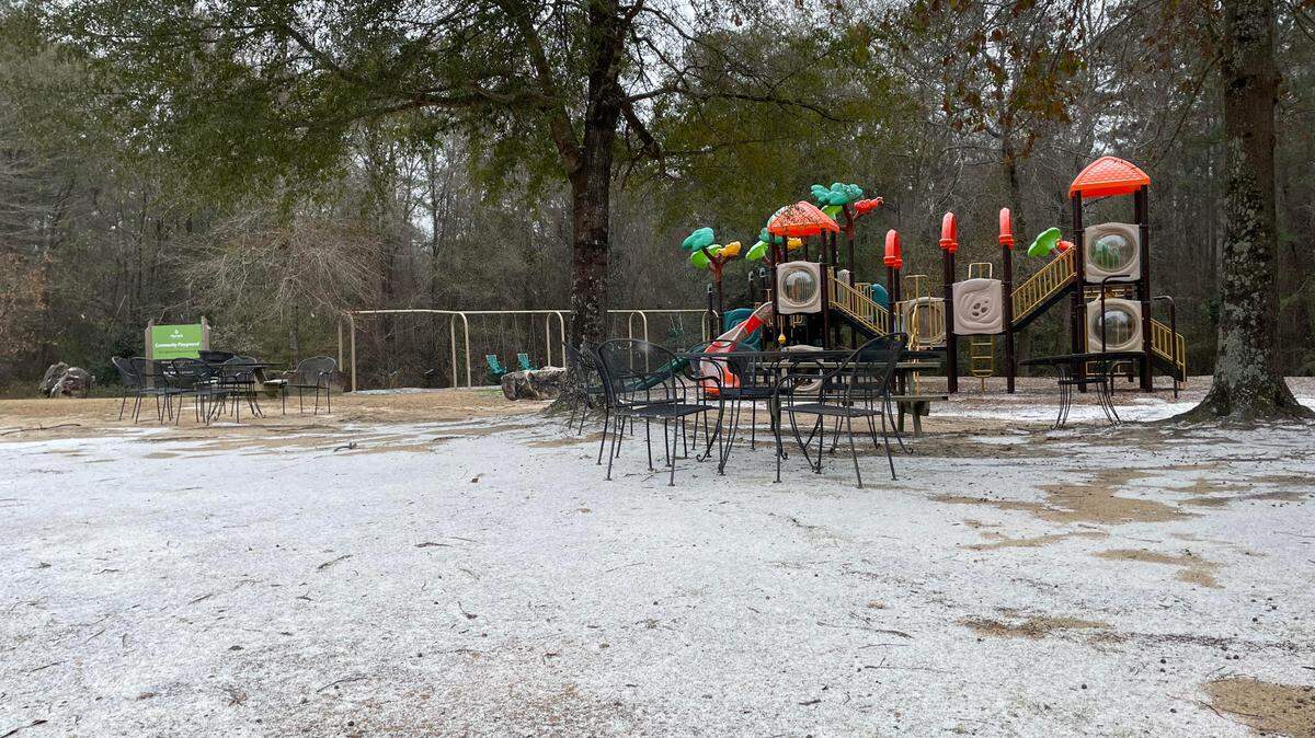 Snow flurries at the playground at Harvest Church off U.S. 41 in Warner Robins mid-afternoon Tuesday.