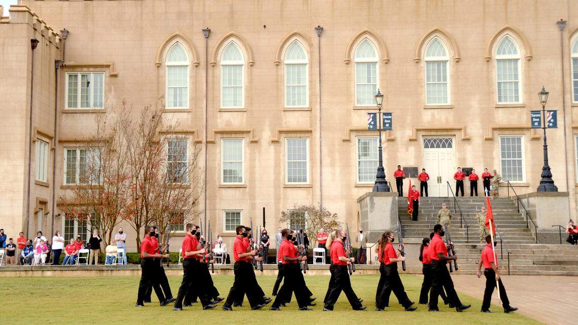 The Georgia Military College Corps of Cadets Drill Team performs during a Command Retreat on campus last week in honor of Veterans Day. GMC is hosting several Veterans Day events Thursday.