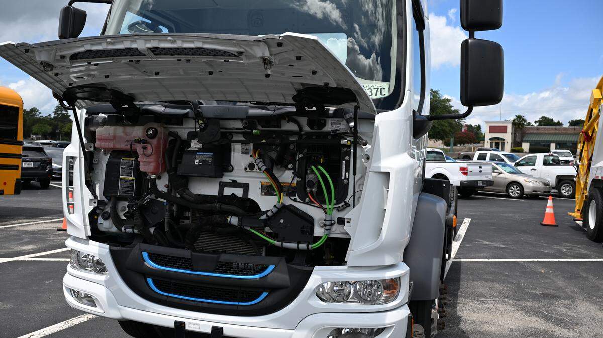 An alternative fuel truck sits in the parking lot ahead of test rides and demonstrations at the Clean Energy Roadshow on Wednesday, Aug. 13, 2025, outside of the Middle Georgia Regional Commission in Macon, Georgia. The annual Clean Energy Roadshow, which stopped in Macon and two other Georgia cities, held seminars on and showcased alternative fuel vehicles. 