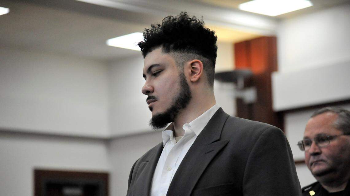 Anthony Douglas Shoffner Jr. walking into his murder trial, which began June 6, 2022, in Houston County Superior Court. He is accused of killing his mother and stepfather in a knife attack in March 2020 at the Houston Lake Road apartments where they all lived.