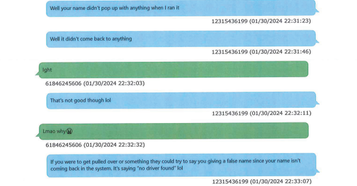 Messages between Terrell Searcy and a Clayton County police officer, where he asked the officer to run his name and inform him whether he has an arrest warrant, federal prosecutors said.