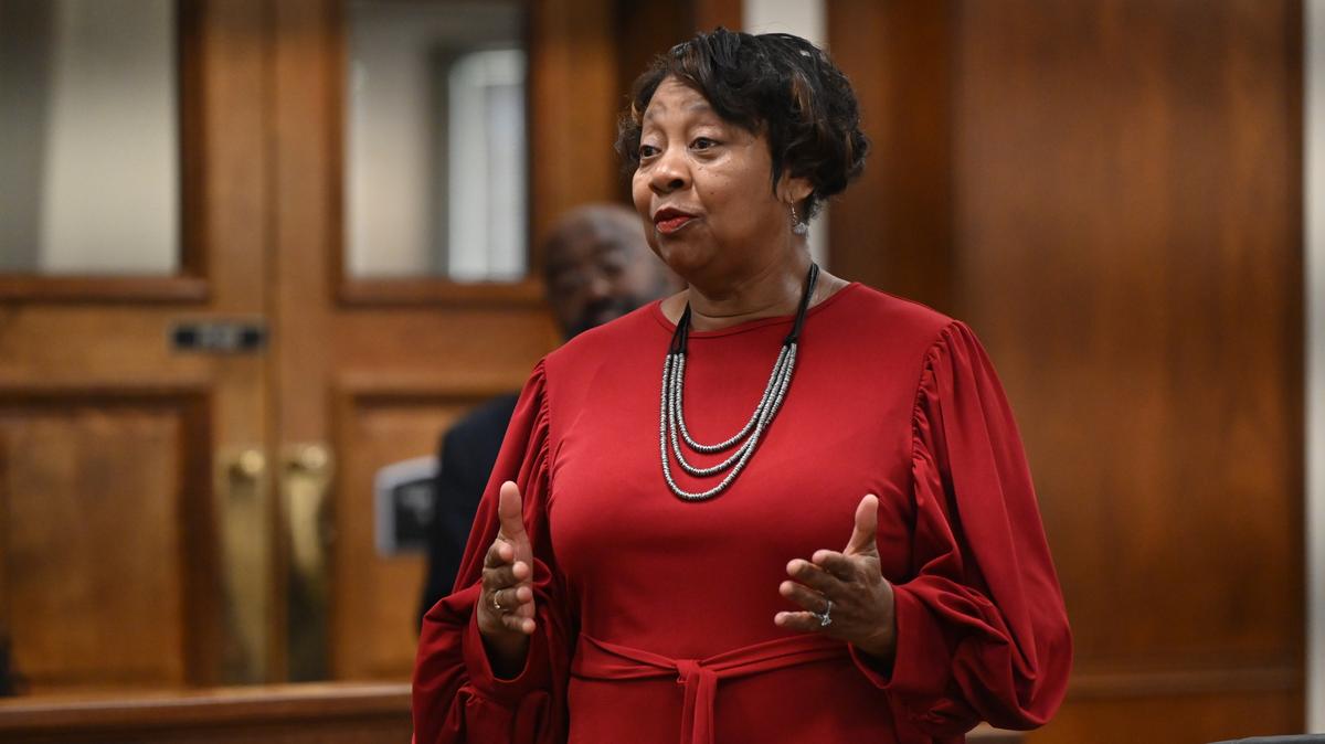 Gwenette Westbrooks, president of the NAACP Macon, Ga. chapter, speaks during a temporary protective order hearing on Wednesday, March 5, 2025, at the Bibb County Superior Court. Westbrooks alleged District 9 Commissioner Brendalyn Bailey stalked her.