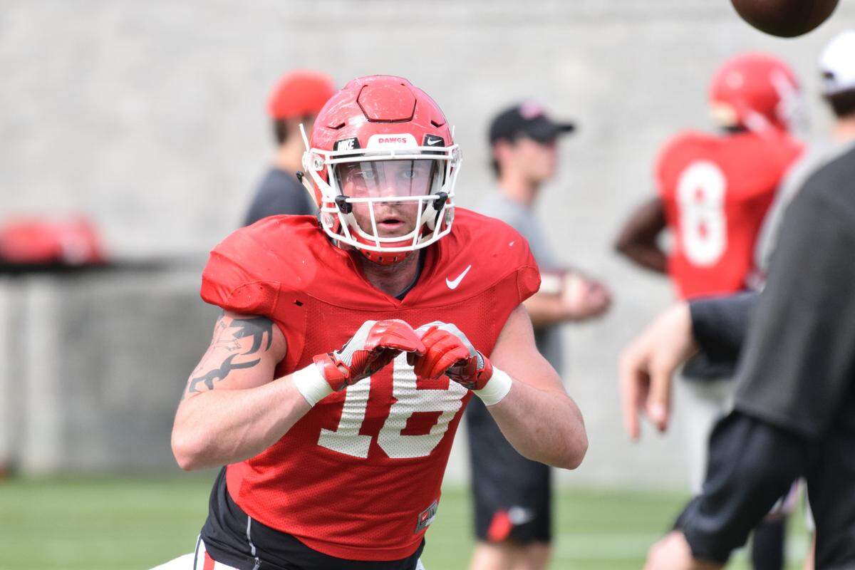 Georgia tight end Isaac Nauta (18) during the Bulldogs’ practice on the Woodruff Practice Fields in Athens, Ga., on Thursday, April 5, 2018. (Photo by Steven Colquitt)