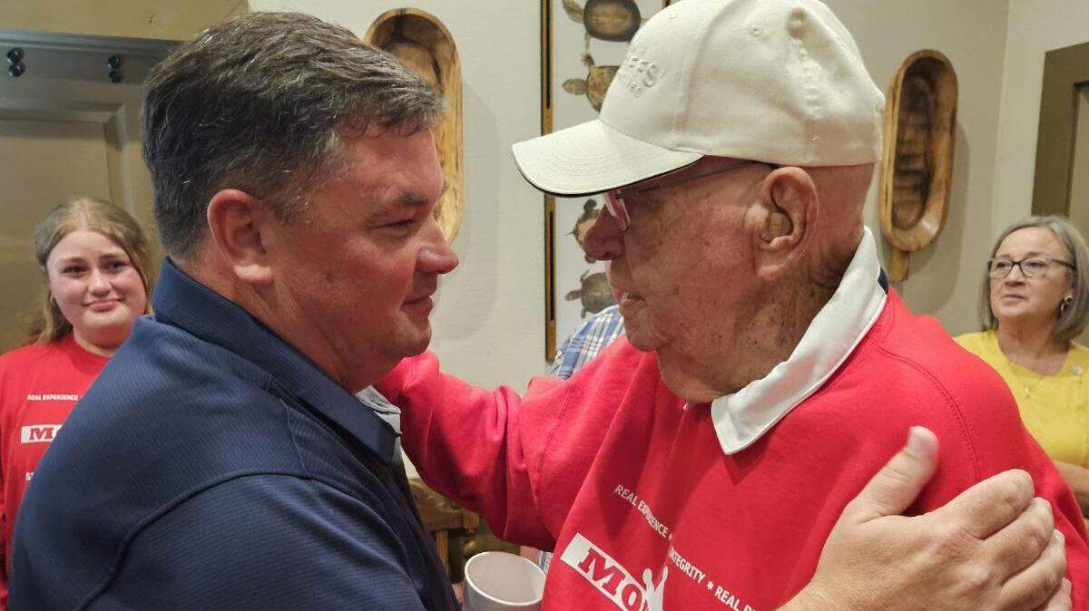 Incoming Houston County Sheriff Matt Moulton, left, and the late Houston County Sheriff Cullen Talton the night of the May 21, 2024 primary. Moulton’s daughter, Mattilyn “Matti” Moulton, a sophomore at Veterans High School, looks on, far left.