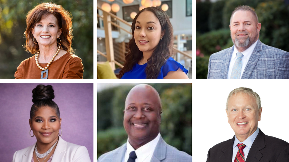 Six candidates are running in three Houston County Board of Education races in Georgia’s 2026 elections. Clockwise, from top left: Lori Johnson, District 2 (incumbent); Courtney Driver, District 2; Jonathan Nichols, District 4 (incumbent); Andy Thomas, District 6 At-Large; Mark Ivory, District 6 At-Large (incumbent); and Sheila Ashley, District 4.