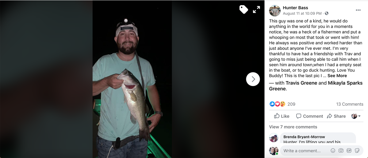 Hunter Bass posted a photo on Facebook with a description about his friend, Travis Greene, who passed away.