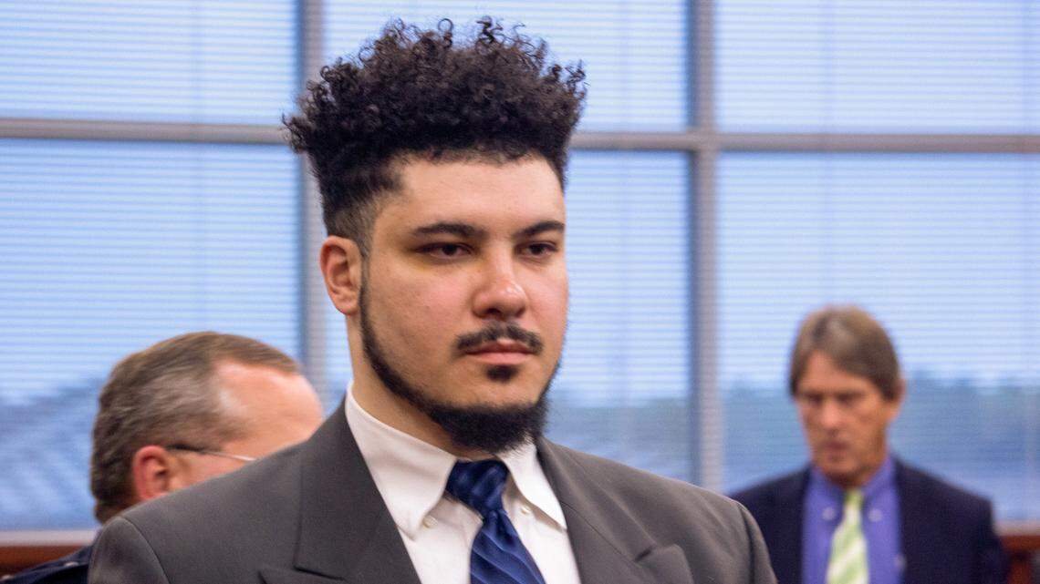 Anthony Douglas Shoffner Jr. in a Houston County Superior courtroom Tuesday during his murder trial. Shoffner Jr. is accused of killing his mother and stepfather in a knife attack in March 2020 at the Houston Lake Road apartments.