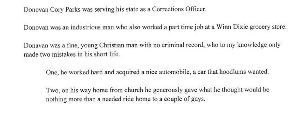 An excerpt from a letter Putnam County Sheriff Howard Sills sent to the State Board of Pardons and Paroles in hopes that clemency would be denied for Marion “Murdoc” Wilson, convicted and sentenced to die in the March 1996 shotgun slaying of state corrections officer Donovan Cory Parks.
