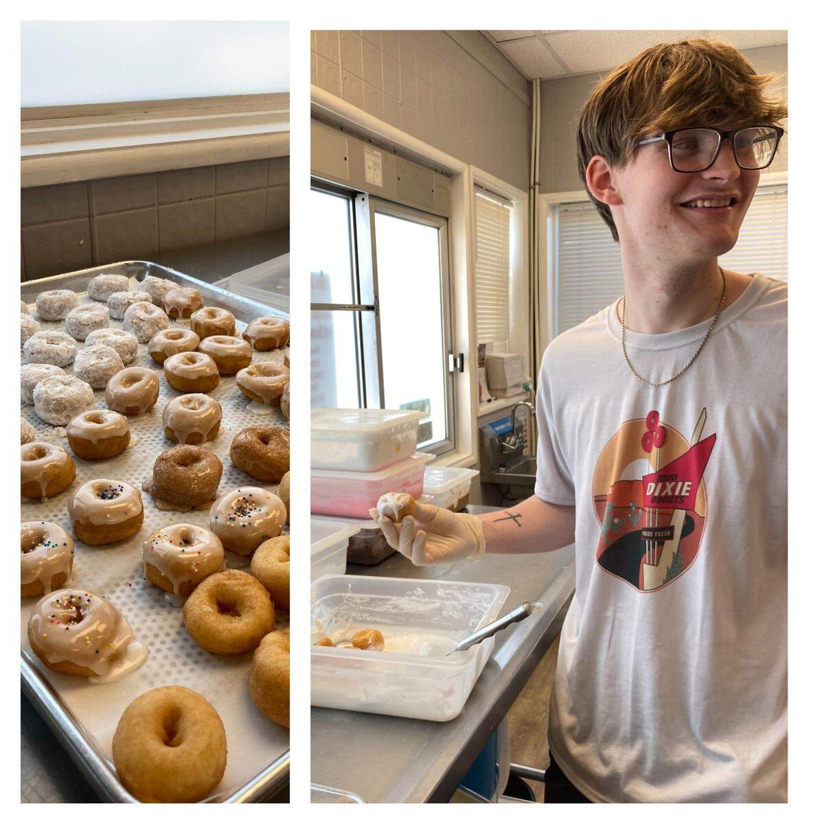 Kaden Norrell, 18-year-old son of new owners Jaimi and Keven Norrell, will serve as the chief doughnut maker at Mini Dixie Donuts in Warner Robins.