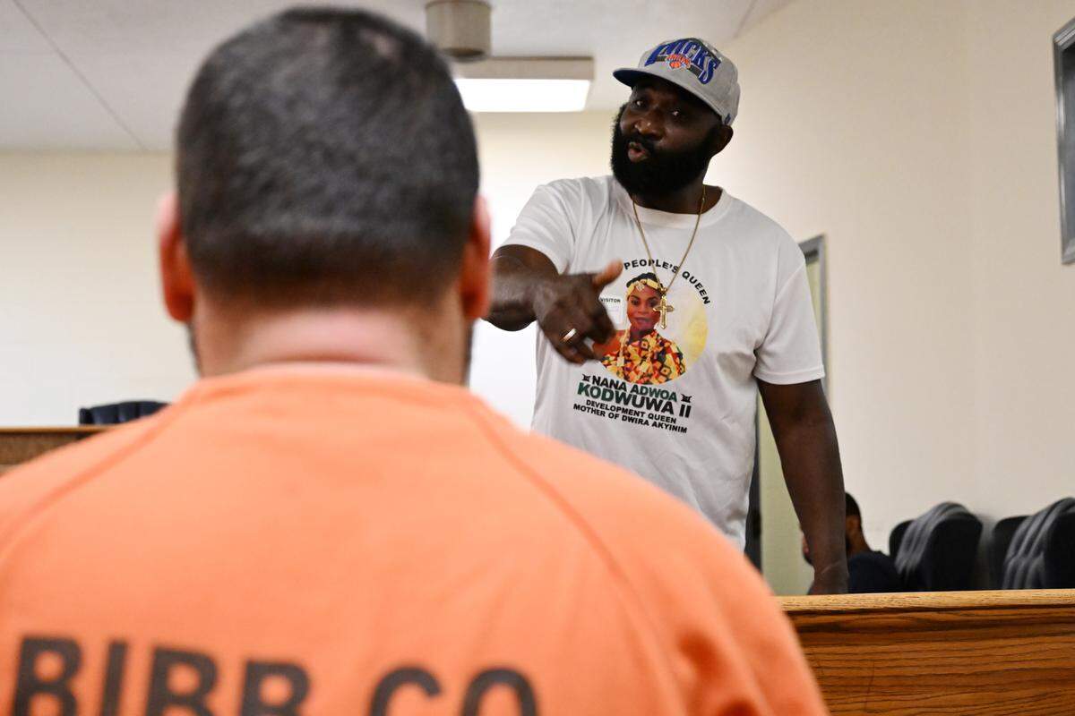 Jerry Anderson (right) speaks to detainees participating in the Just Walk Away initiative at the Bibb County Jail on Wednesday, Aug. 13, 2025, in Macon, Georgia. Anderson served 28 years in prison before his sentence was commuted in 2017 by President Obama and shared his story and words of motivation to people that are incarcerated. 