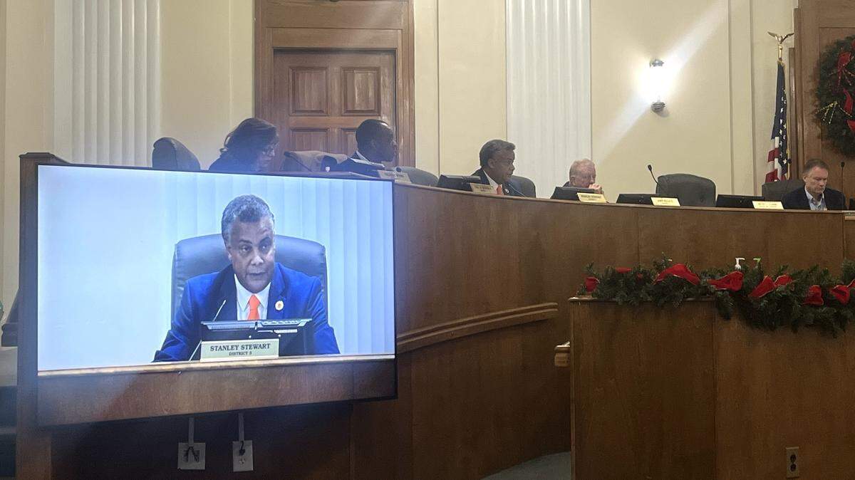 Macon-Bibb County District 3 Commissioner Stanley Stewart raised concerns about whether its a conflict of interest to contract Warren Selby, the chair of Macon Regional Crimestoppers as the constructor of the Bibb County Jail expansion during a Commission Meeting on Tuesday, Dec. 16, 2025, in Macon, Ga.
