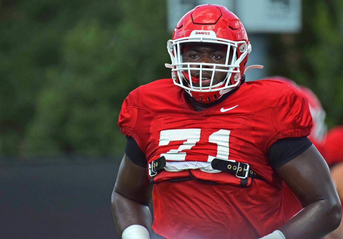 Georgia offensive tackle Andrew Thomas (71) during the Bulldogs’ session on the Woodruff Practice Fields in Athens, Ga., on Tuesday, Aug. 20, 2019.