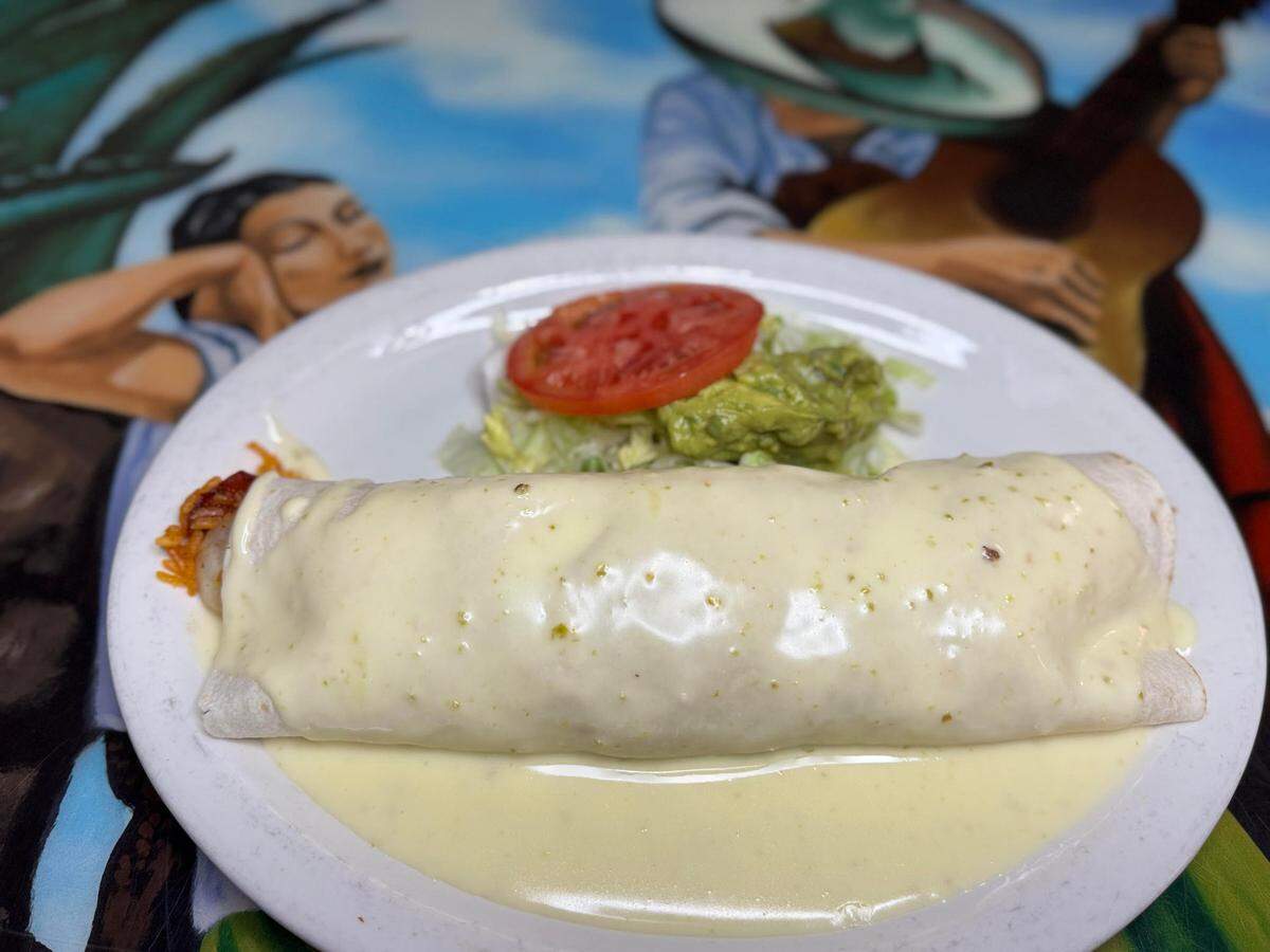 Tifton burrito from El Metate Mexican Restaurant. The large flour tortilla is stuffed with onion, bell pepper, tomato, zucchini, squash, mushrooms, rice and beans and covered with cheese. A guacamole salad comes on the side.