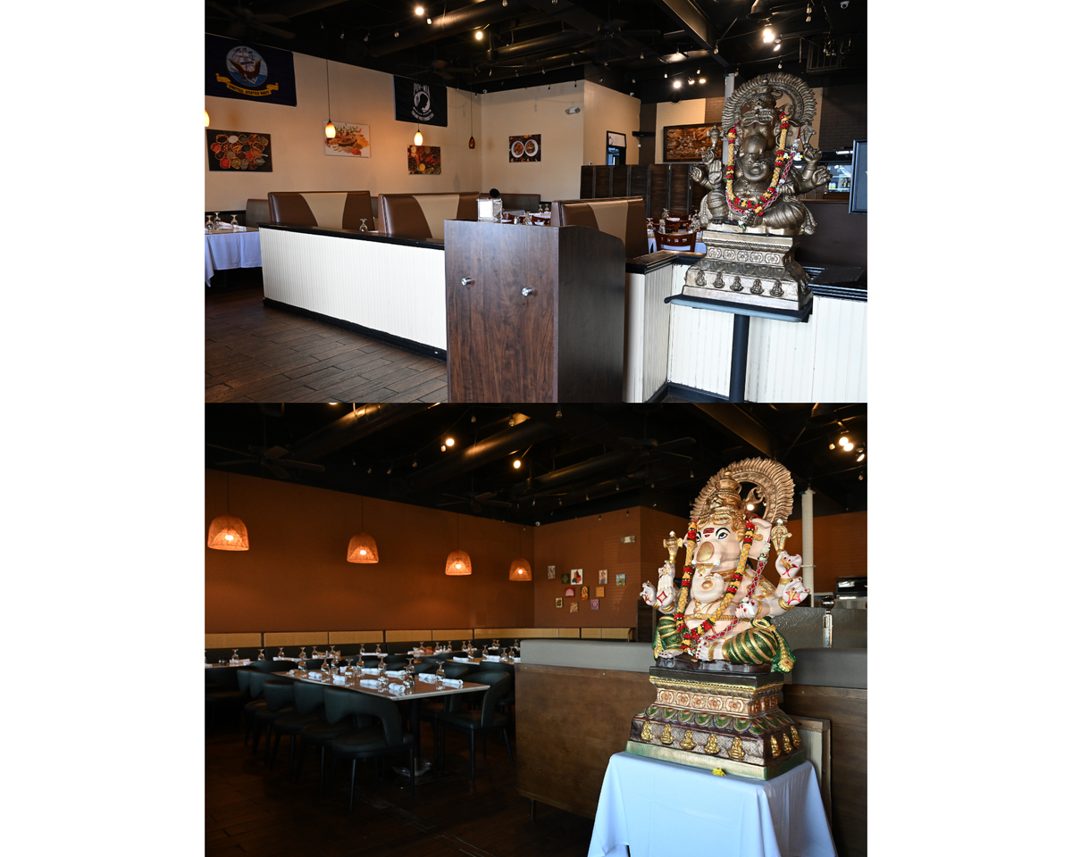 Inside the front of 7 Spices Authentic Indian Restaurant & Bar in July 2025 (top) before the remodel (bottom) and present day.