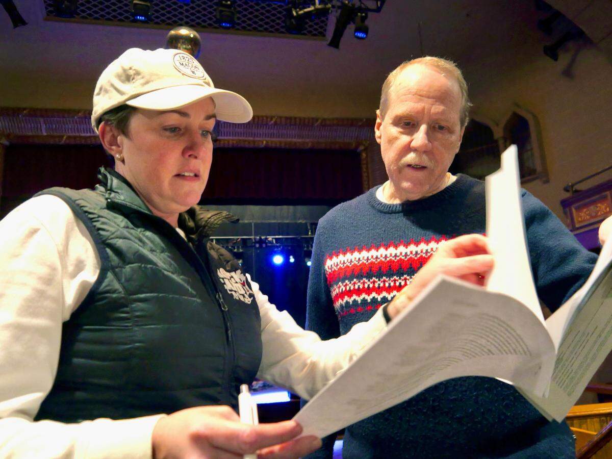 Author Jessica Walden and director Jim Crisp review Walden’s script during rehearsals for Rock Candy Tours’ sweeping musical history, “Macon Music Live: Origins.” It’s at The Capitol Theatre on Thursday through Sunday.