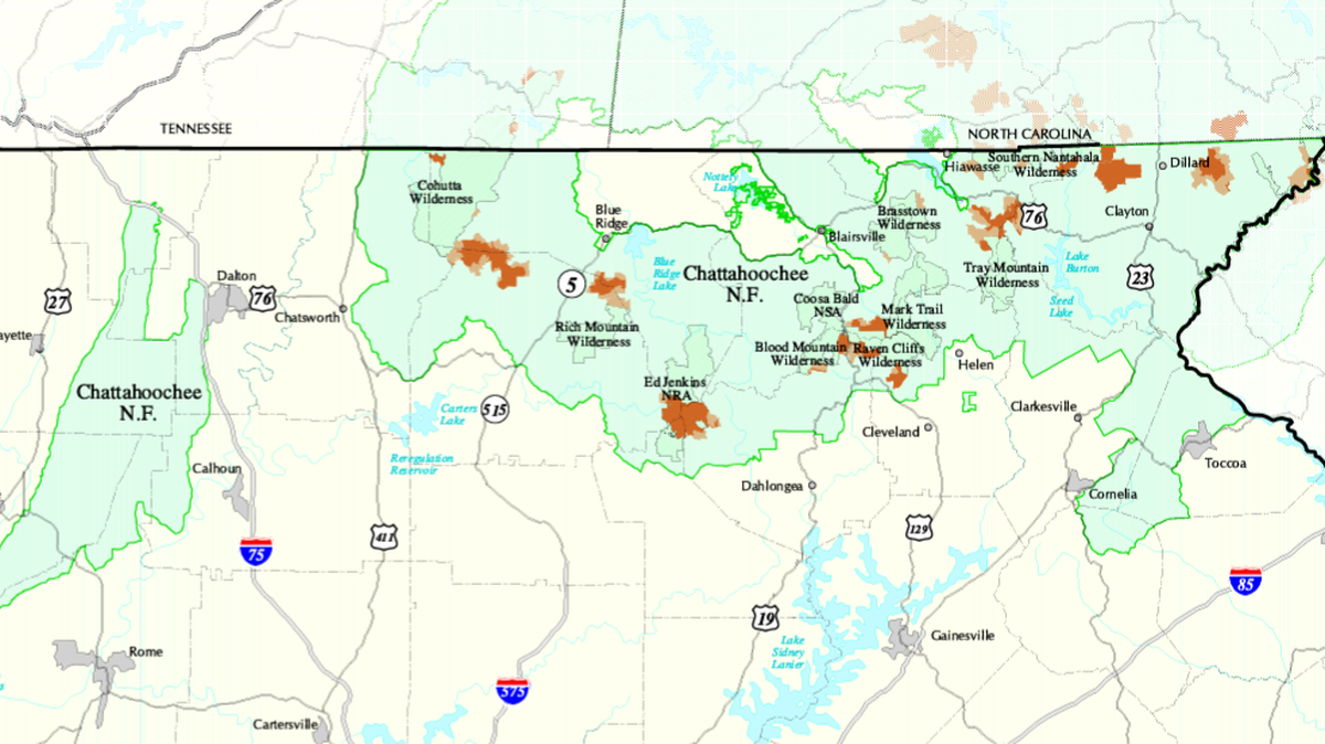 The darker orange colored parts of the Chattahoochee National Forest, pictured above, are the protected roadless areas, accounting for only 4% of the forest.