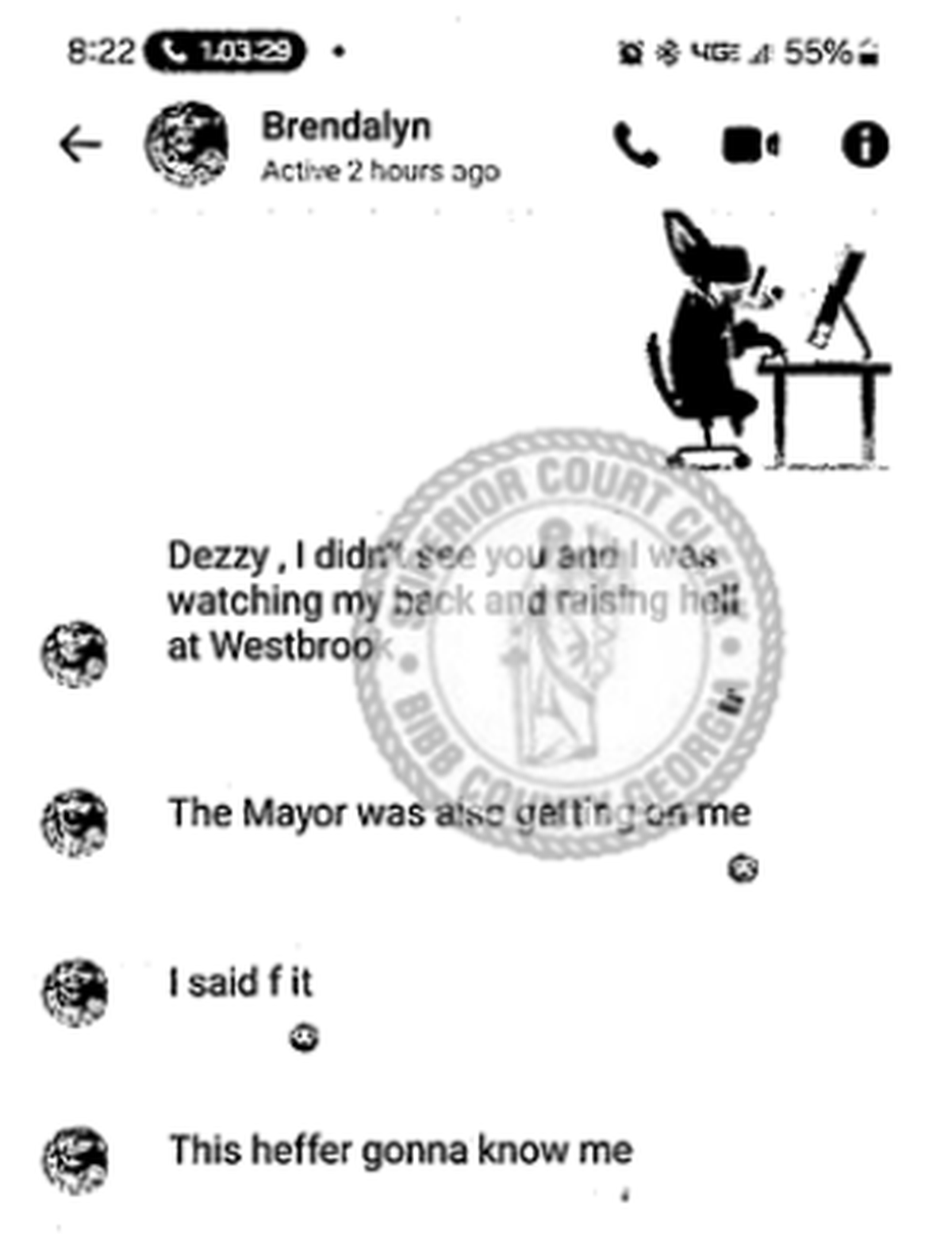 Text messages between District 9 Commissioner Brendalyn Bailey and Macon Water Authority board member Desmond Brown, which were included in NAACP Macon chapter president Quinette Westbrooks’ petition for a restraining order against the commissioner. Westbrooks alleges she was stalked and harassed by Bailey.