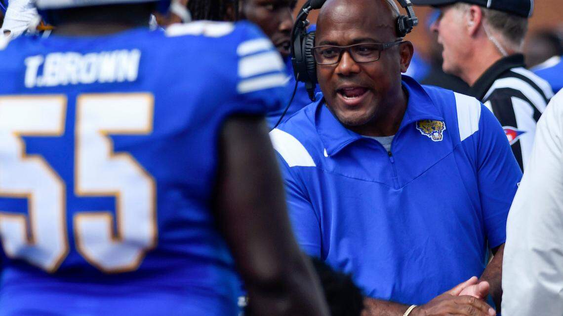 Fort Valley State head coach Shawn Gibbs speaks with the offense on the bench in this Telegraph file photo. FVSU defeated BLuefield State 44-27.