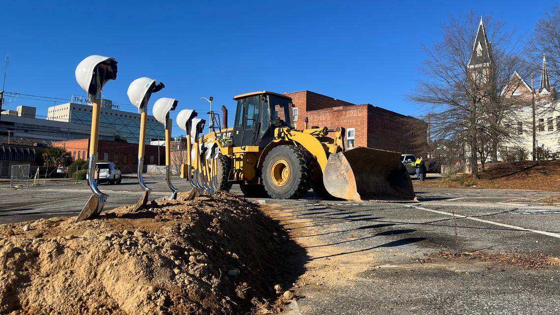 A groundbreaking ceremony marked the start of construction on an apartment complex and parking garage on Tuesday, Jan. 7, 2025, on D.T. Walton Senior Way and Poplar St. Lane behind City Hall in downtown Macon, Ga.