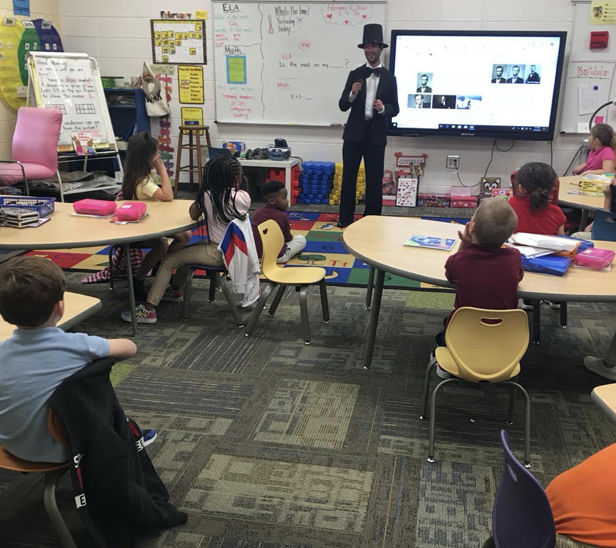 Ben Marsh dressed as Abe speaks to students at Heard Elementary in Macon prior to Presidents Day this past week on Feb. 12, which was Lincoln’s birthday