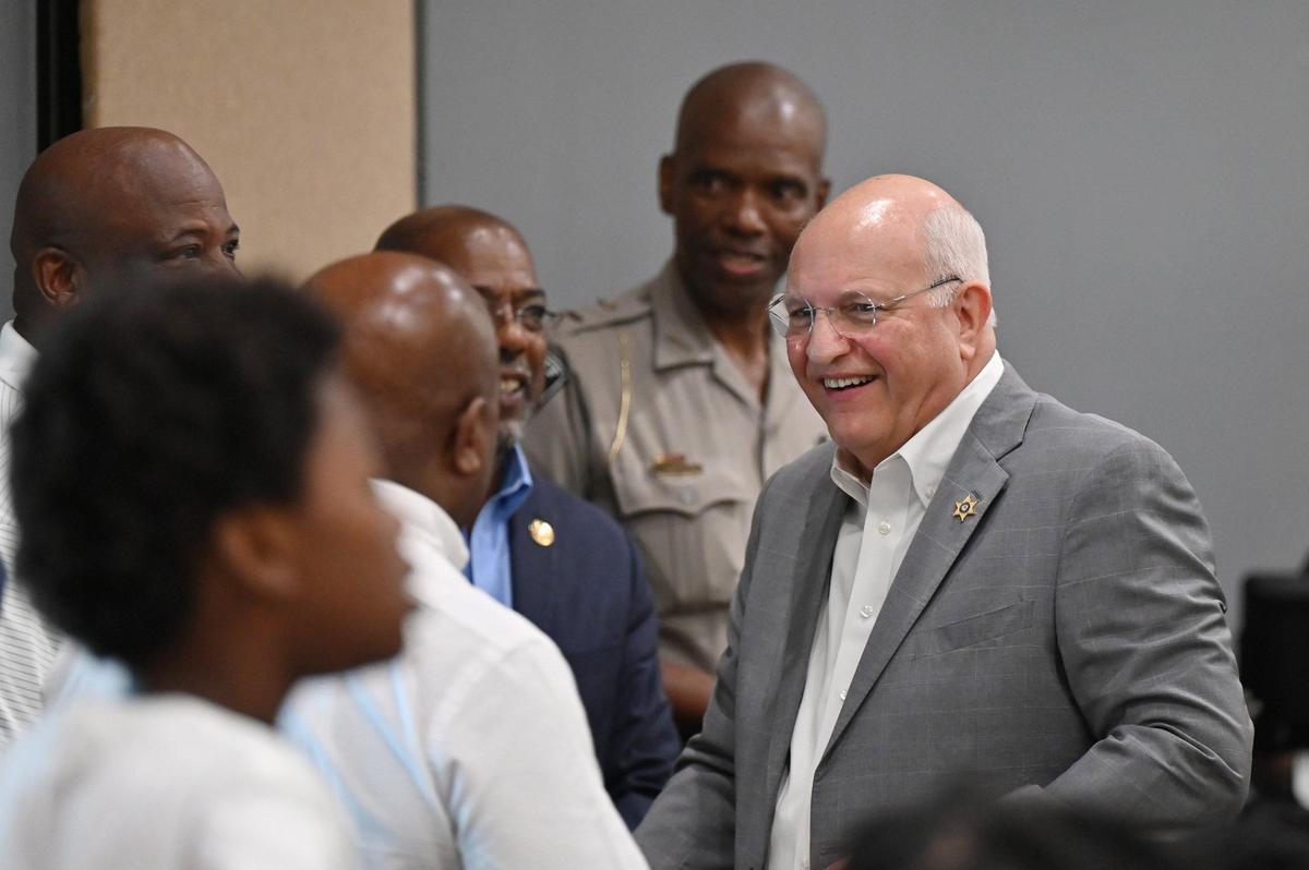 Bibb County Sheriff David Davis speaks to reelection celebration attendees on Thursday, May 30, 2024, at the Edgar H. Wilson conference center in Macon, Georgia. Davis held the event to commemorate his reelection into a fourth consecutive term as Bibb County Sheriff.