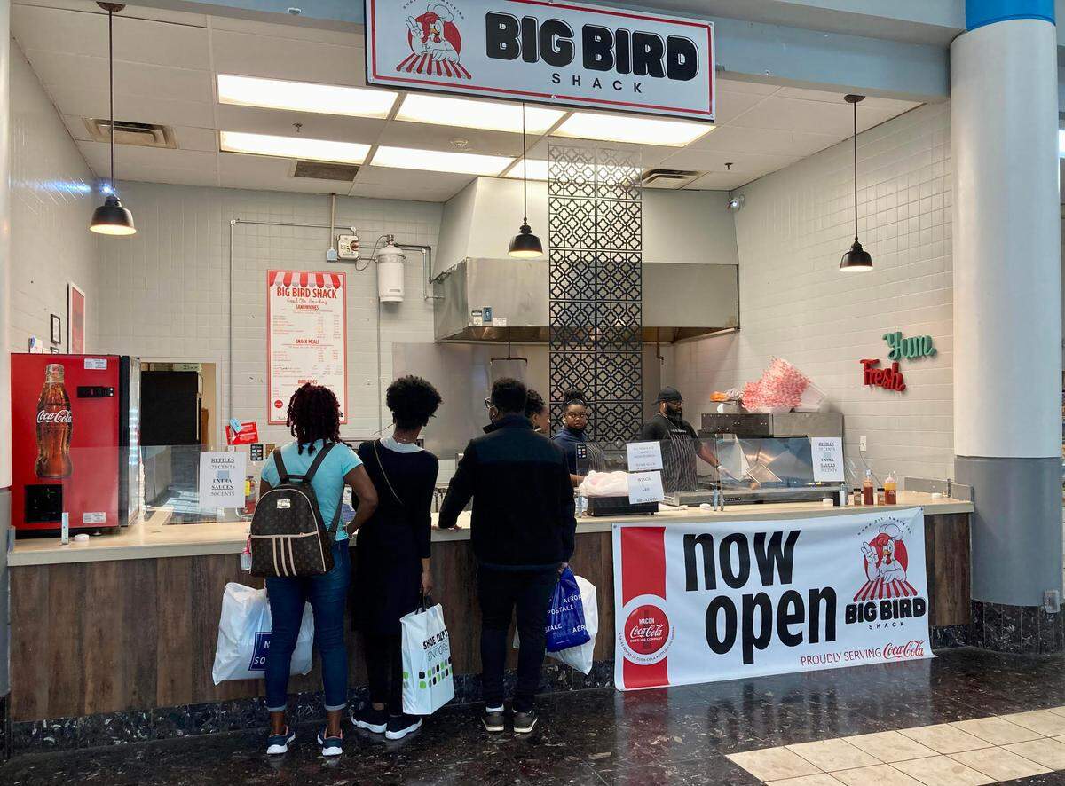 Customers line up at the Big Bird Shack, a new walk-up restaurant serving up fried chicken, fish, hamburgers, fried okra, red beans and rice and more inside the Houston County Galleria at 2922 Watson Blvd. in Centerville.