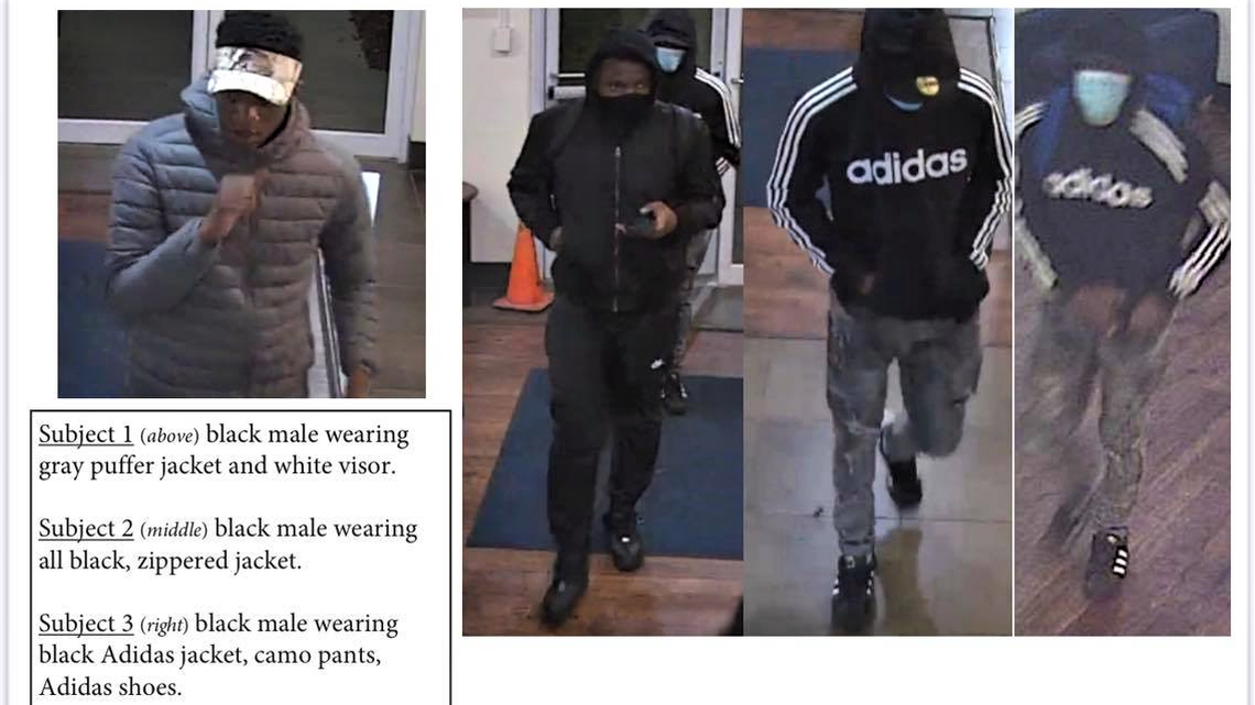 Surveillance-camera images of three men sought in a shooting at a Fort Valley State University dormitory early Tuesday.