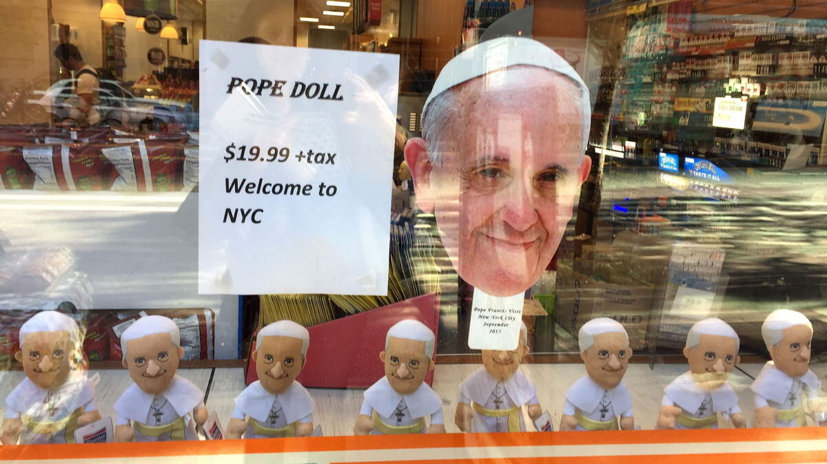 Pope Francis dolls are for sale at a 7-Eleven store in the Times Square area of New York. Souvenirs popped up across the city to mark the pope’s visit on Thursday and Friday.