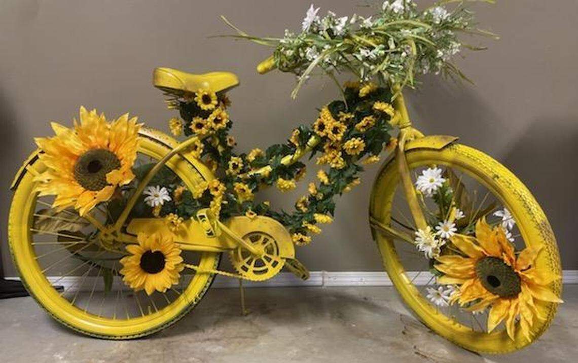 Yellow is a happy color for Ebony Lewis whose late mother loved sunflowers. Lewis combined those themes in this bicycle she painted also in tribute to a trip to Amsterdam where she and her besties enjoyed wine and lots of people rode bicycles. She’s incorporating the bicycle into her outdoor patio theme of her new business venture, La’Vino Wine Bar.