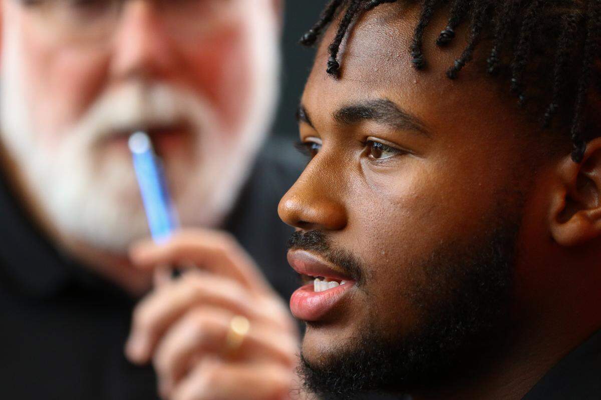Georgia tailback D’Andre Swift (7) speaks to the media during the Bulldogs’ Media Day at Butts-Mehre Heritage Hall in Athens, Ga., on Friday, Aug. 2, 2019.