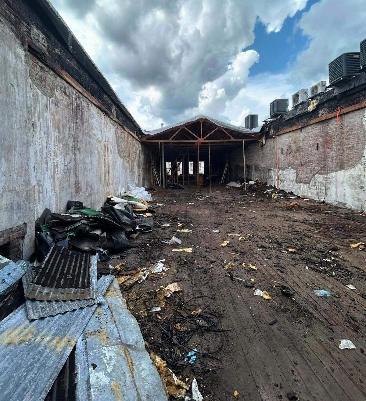 Bearfoot Tavern’s roof, walls and interior were destroyed when a storm blasted through and flooded the restaurant on July 21, 2024, at 468 Second Street in downtown Macon, Ga.