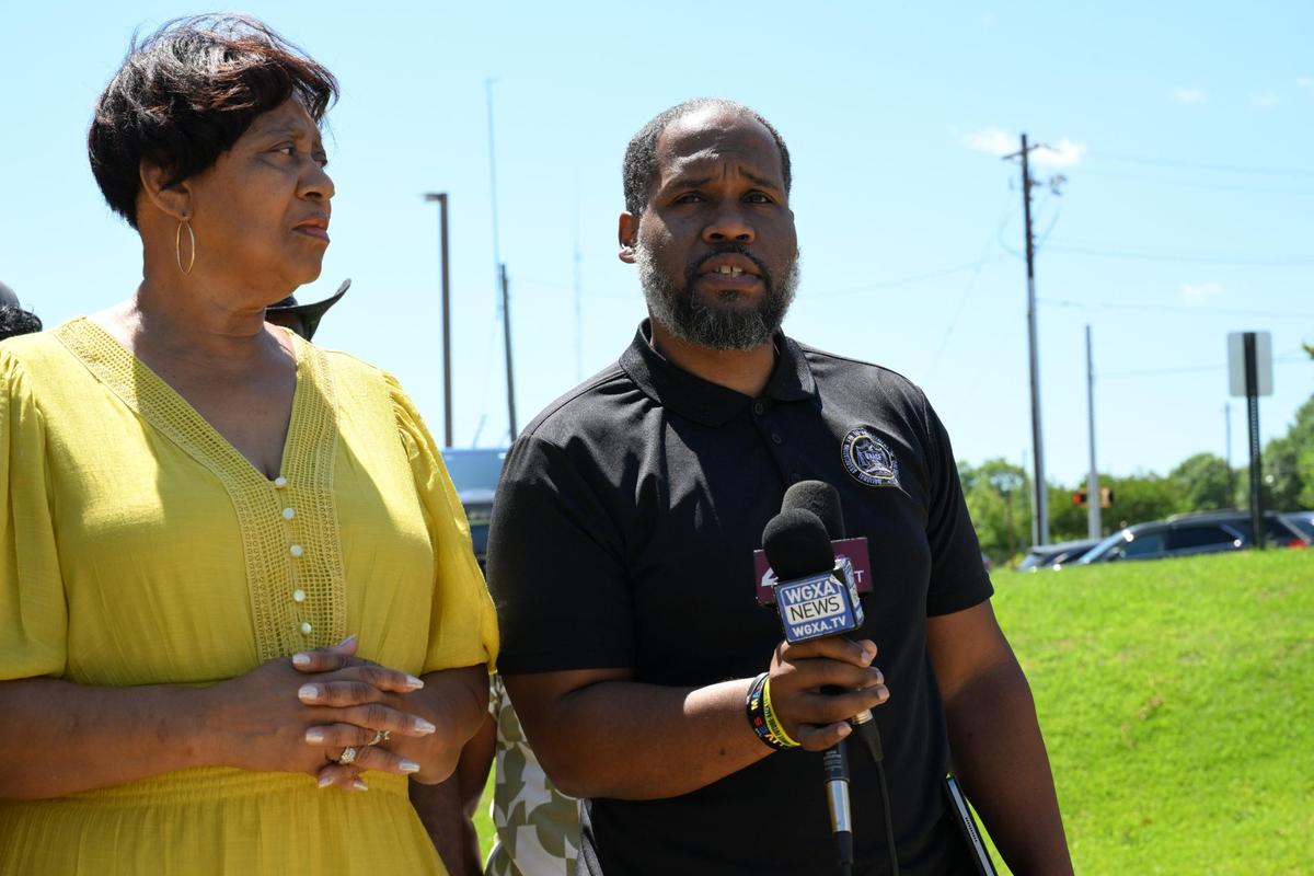 Georgia NAACP president Gerald Griggs (right) holds a press conference with Macon NAACP president Gwenette Westbrooks (left) before touring the Bibb County Jail on Wednesday, May 21, 2025, in Macon, Georgia. Griggs and Westbrooks met with Bibb County Sheriff David Davis on steps to improve jail conditions.