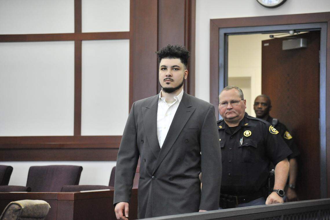Anthony Douglas Shoffner Jr. walking into his murder trial, which began June 6, 2022, in Houston County Superior Court. He is accused of killing his mother and stepfather in a knife attack in March 2020 at the Houston Lake Road apartments where they all lived.