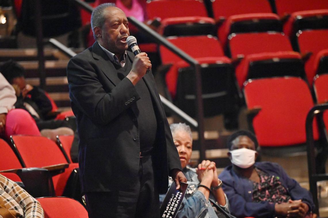 Larry Hinkoe speaks to United States Rep. Sanford Bishop (D-GA), who represents Georgia Congressional District 2, during a town hall hosted by the local chapter of the American Federation of Government Employees (AFGE) on Thursday, March 20, 2025, at the Homer J. Walker Civic Center in Warner Robins, Georgia. Bishop spoke to constituents’ concerns about cutting federal programs and policies from President Donald Trump. AFGE also invited Rep. Austin Scott (R-GA), who did not attend.